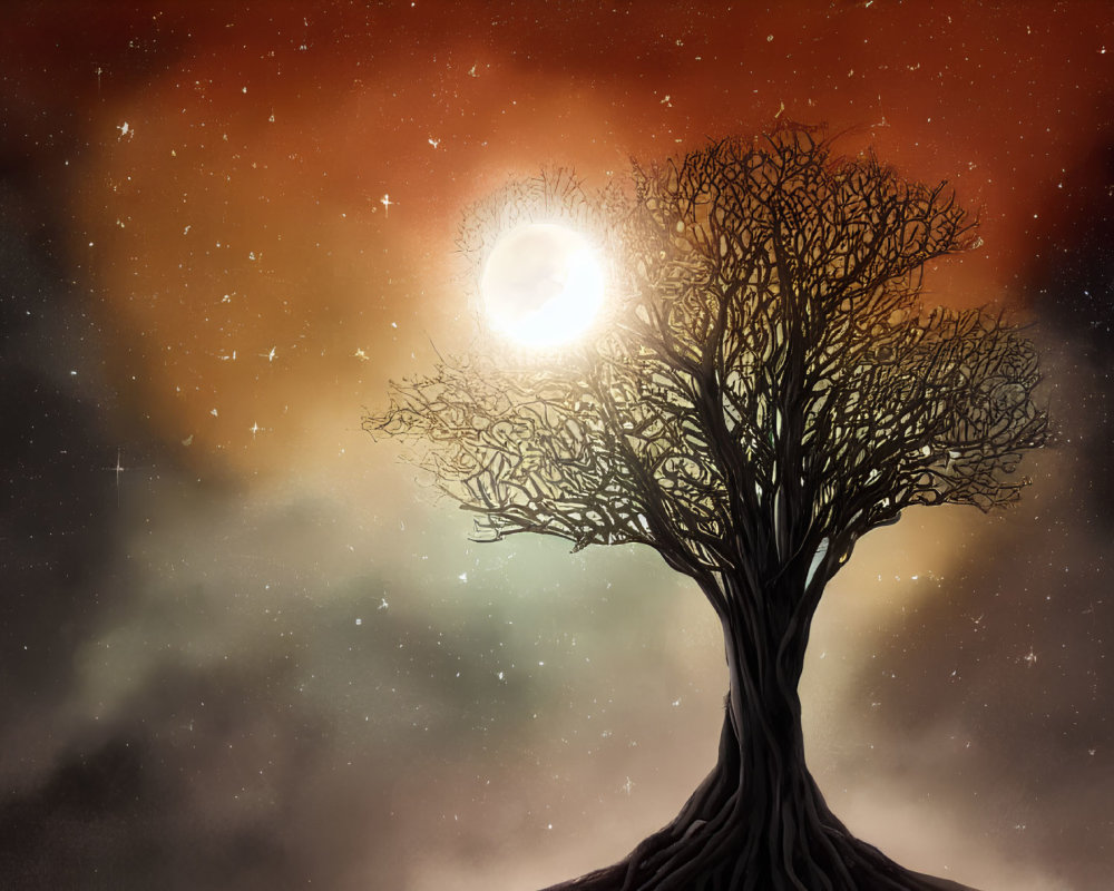 Solitary tree against cosmic backdrop with glowing moon and stars in warm orange and cool green hues