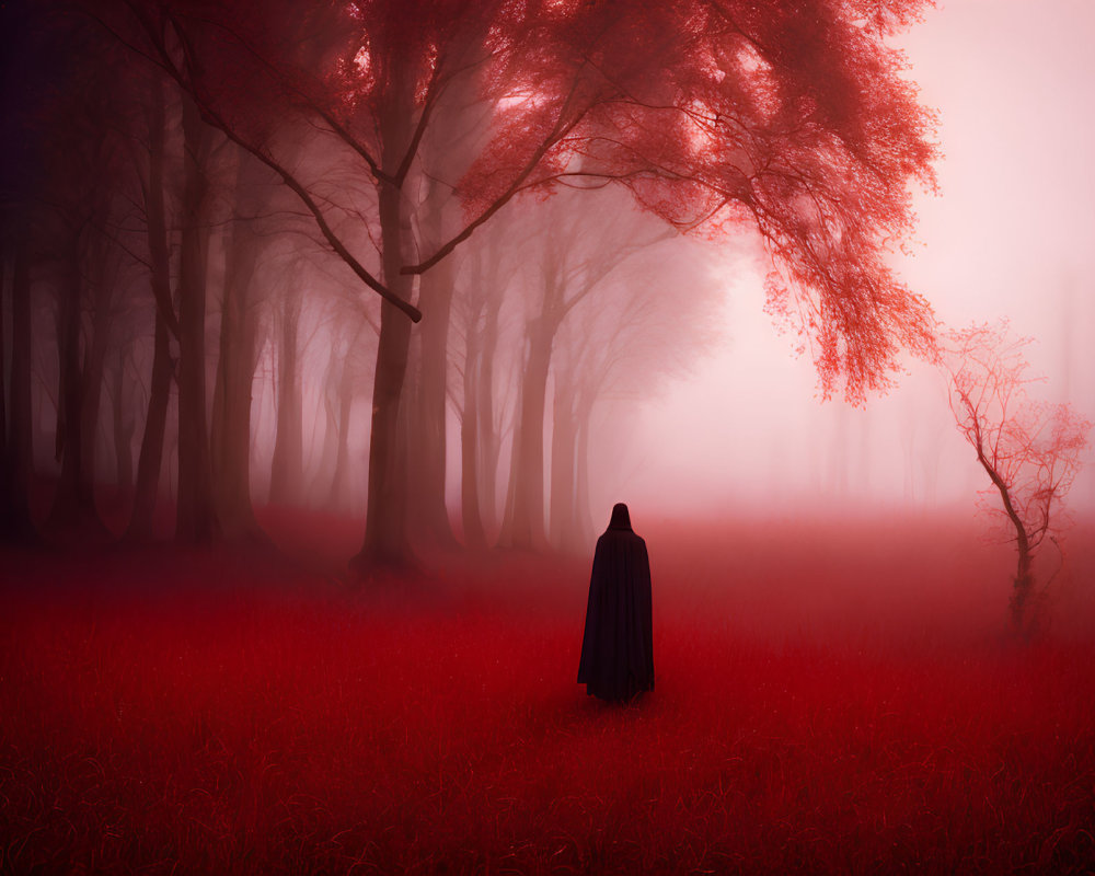 Mysterious cloaked figure in misty red forest