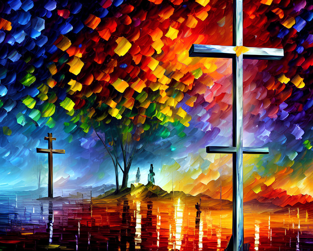 Colorful painting of three crosses on a hill with couple and water reflection