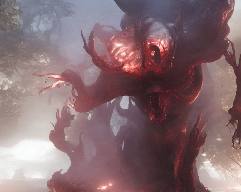 Glowing red-eyed monster in misty, eerie forest