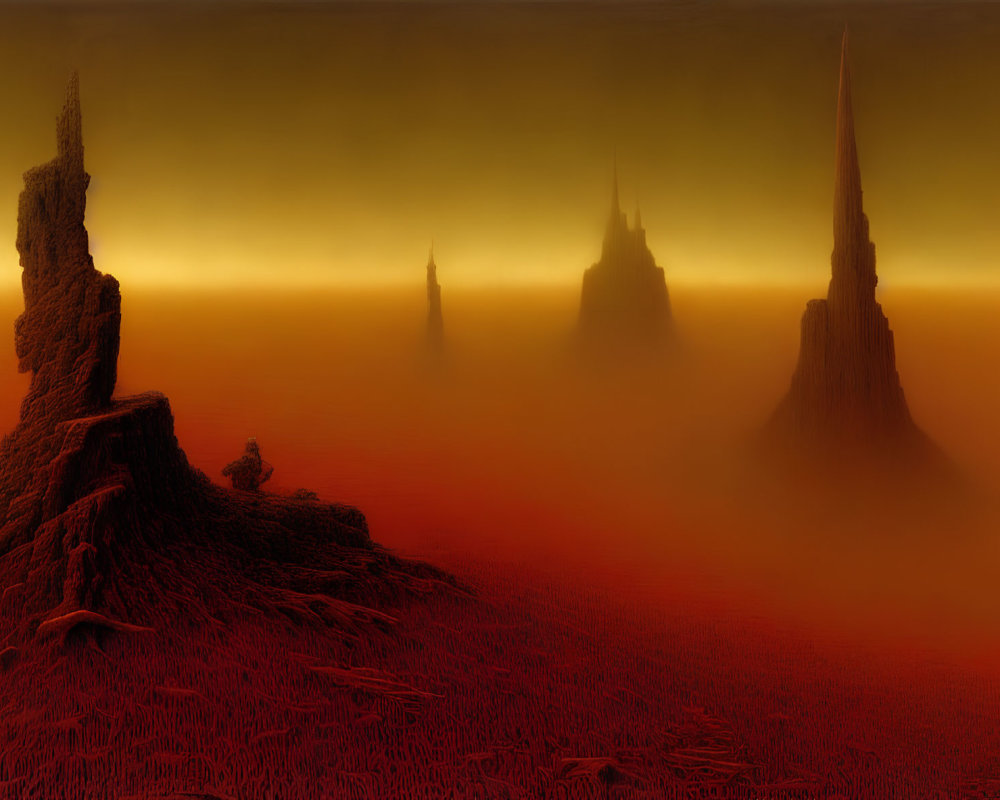 Misty surreal landscape with crimson vegetation and towering spires