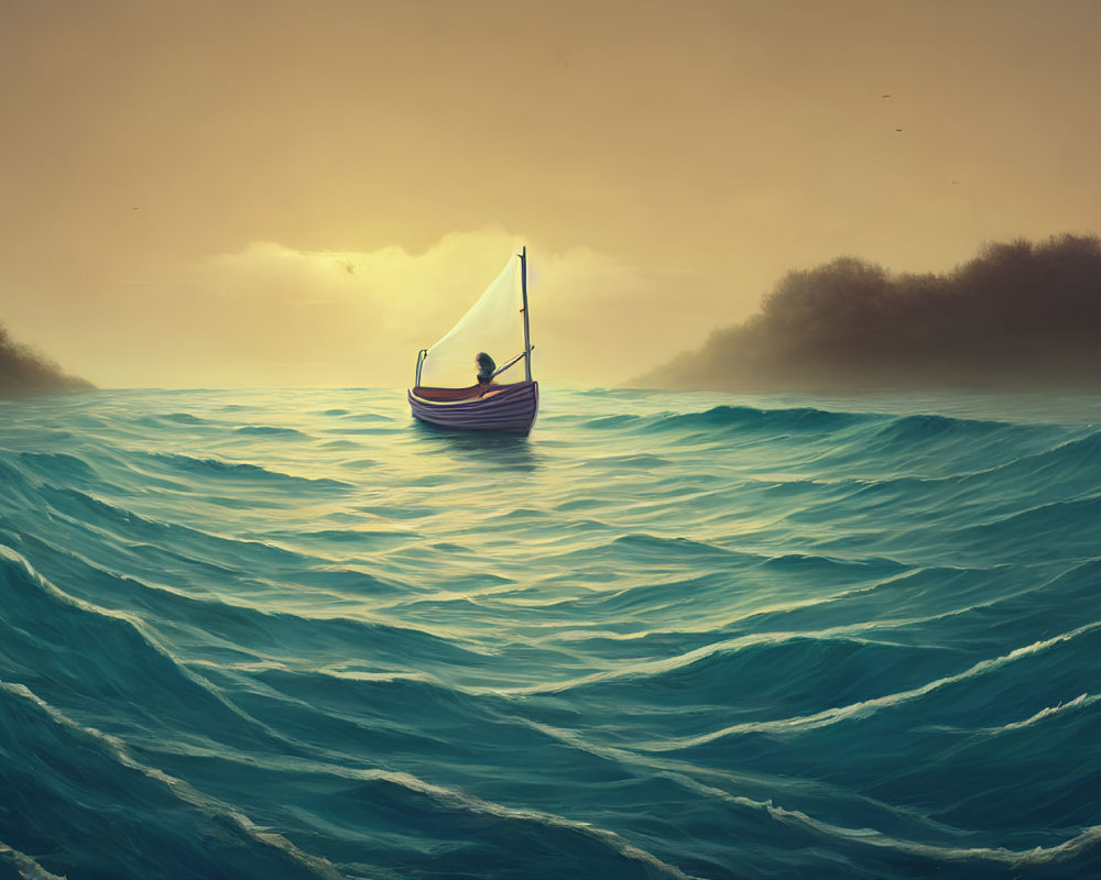 Solitary individual rowing boat on turbulent sea under amber sky