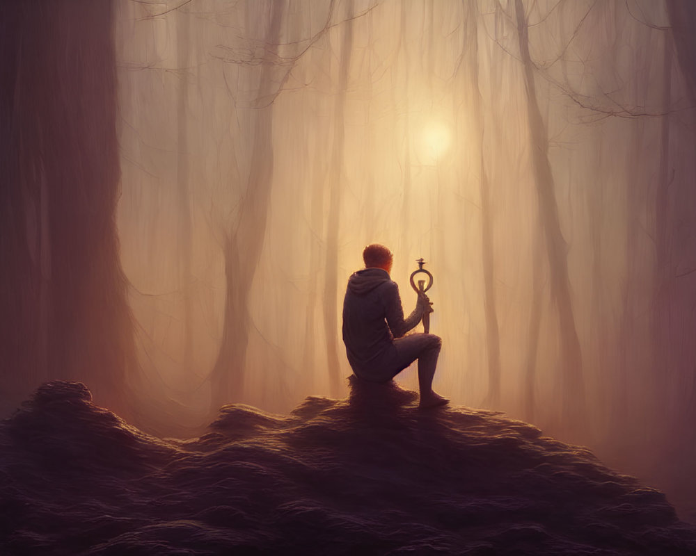 Person sitting on rocky outcrop in misty forest with glowing lantern