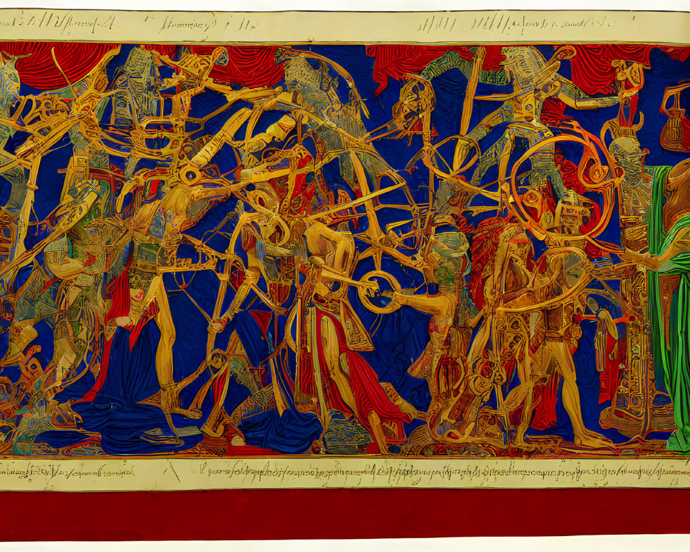 Detailed Tapestry Artwork of Chaotic Battle Scene with Skeletal Warriors in Armor on Red and Blue