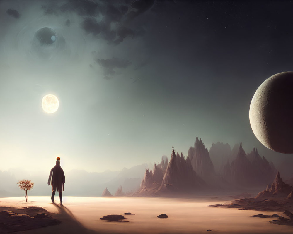 Lone figure in desert landscape with two moons, lone tree, and towering peaks