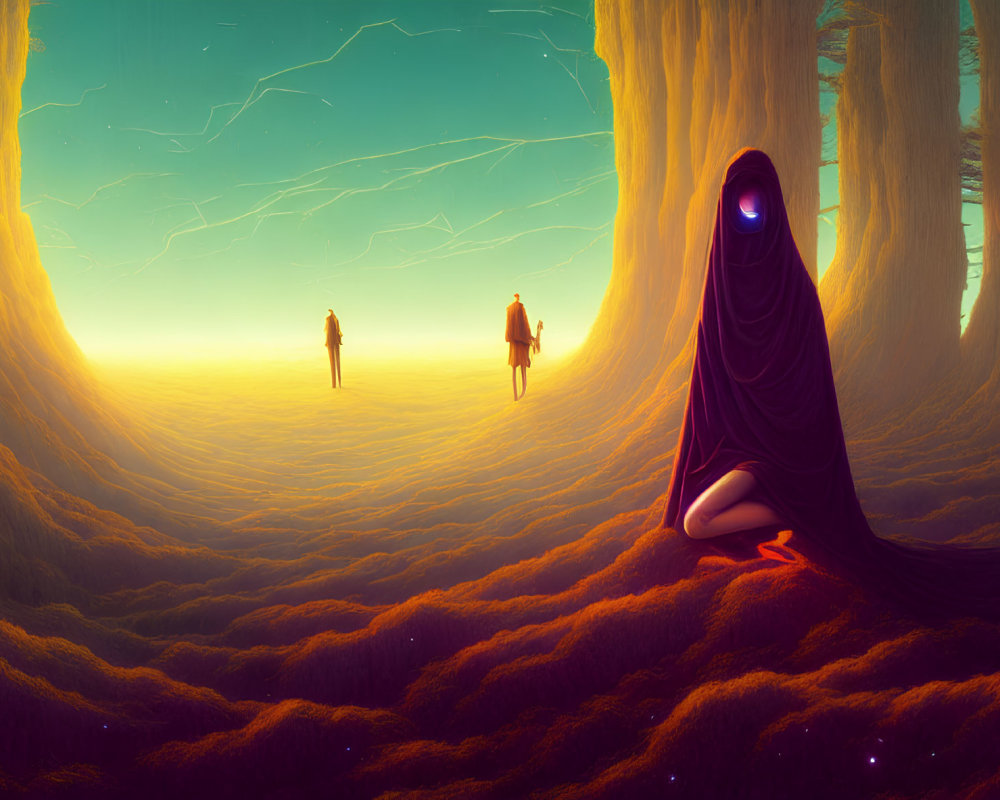 Surreal landscape with massive trees, cloaked figure, and ethereal lighting