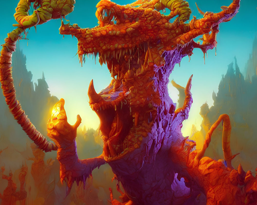 Fantasy Artwork: Vibrant Orange Dragon in Mythical Landscape