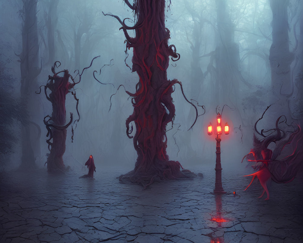 Twisted red trees and candelabra in mystical forest with blue fog