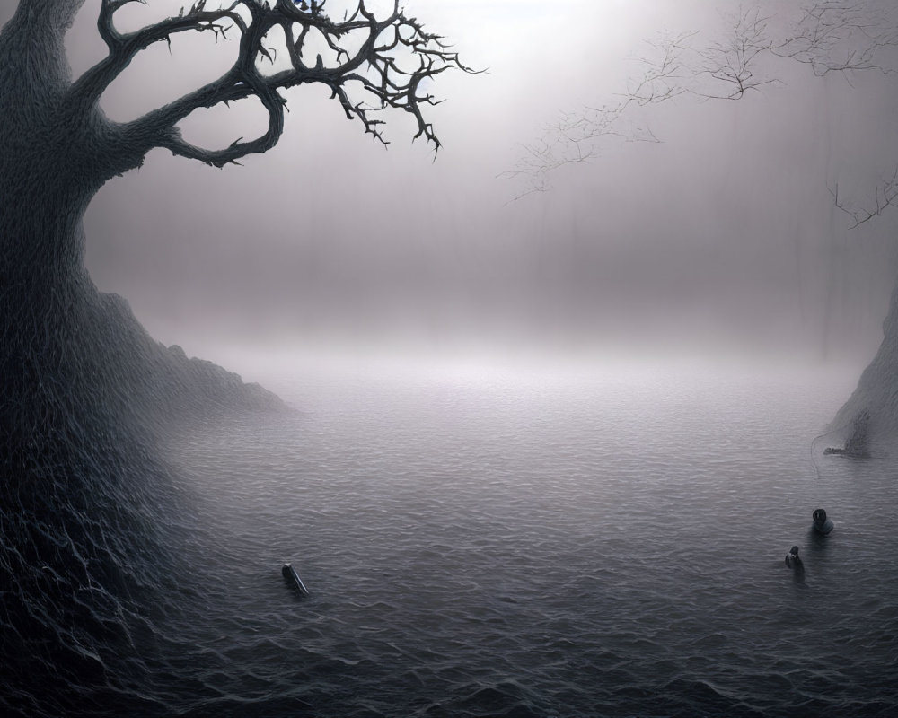 Misty landscape with bare tree, foggy water, and eerie silhouettes