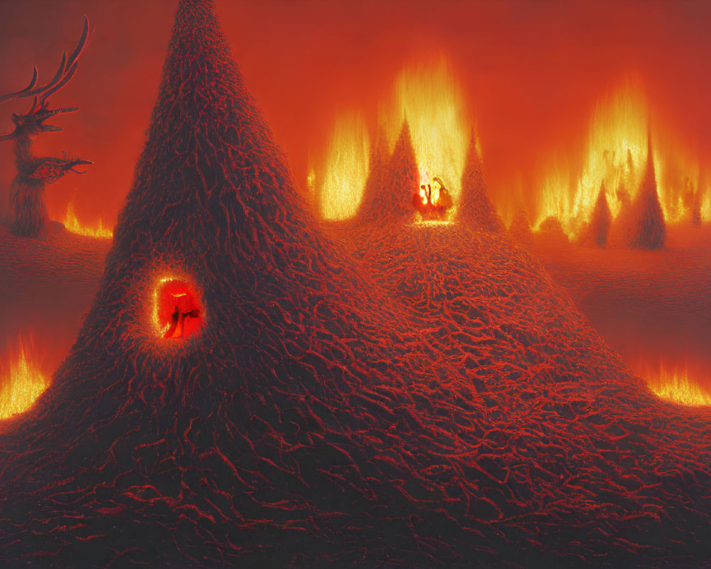 Volcanic landscape with lava flows and fiery eruptions in red-orange sky