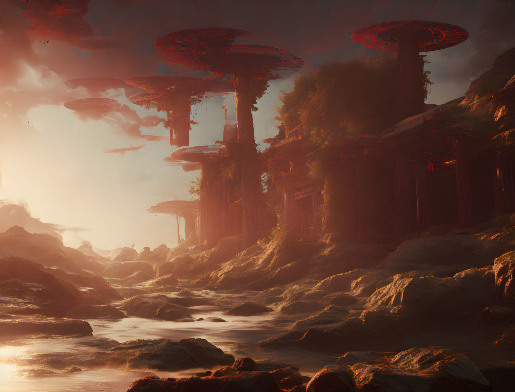 Misty river and towering mushroom-like structures in fantastical landscape