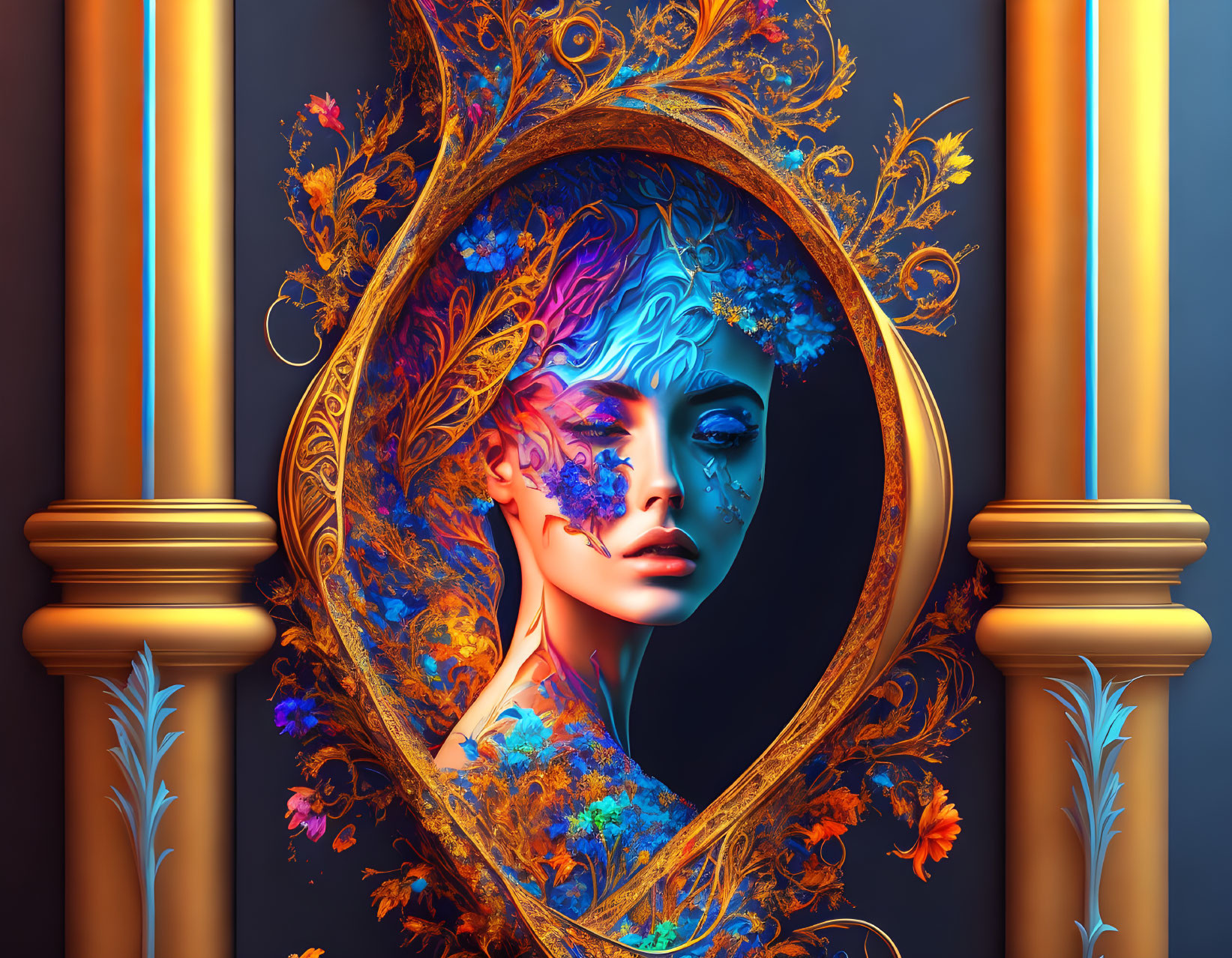 Colorful digital artwork of woman's face with blue and orange floral patterns in ornate mirror setting