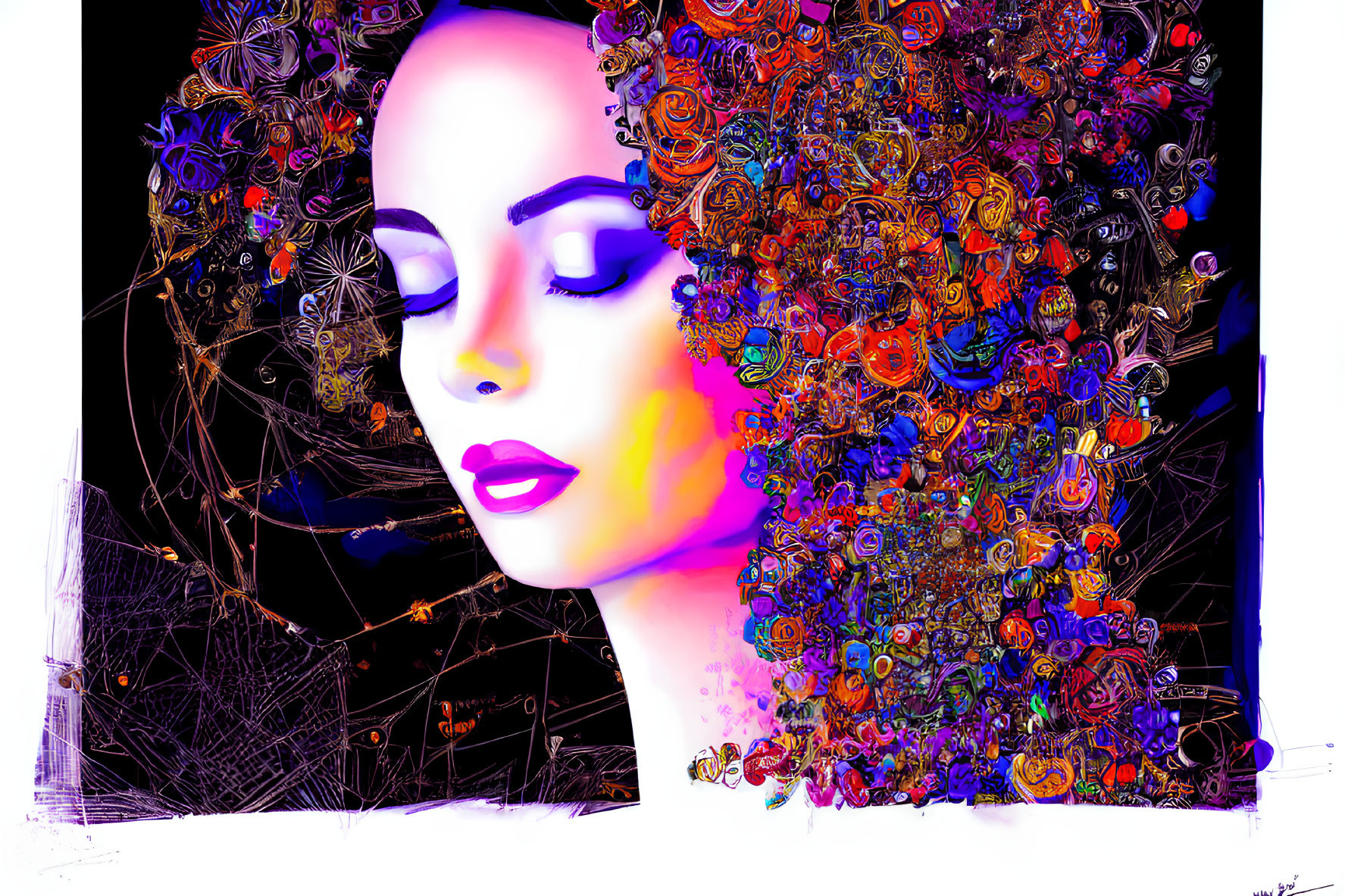 Vibrant digital artwork: Woman's profile with intricate floral hair patterns