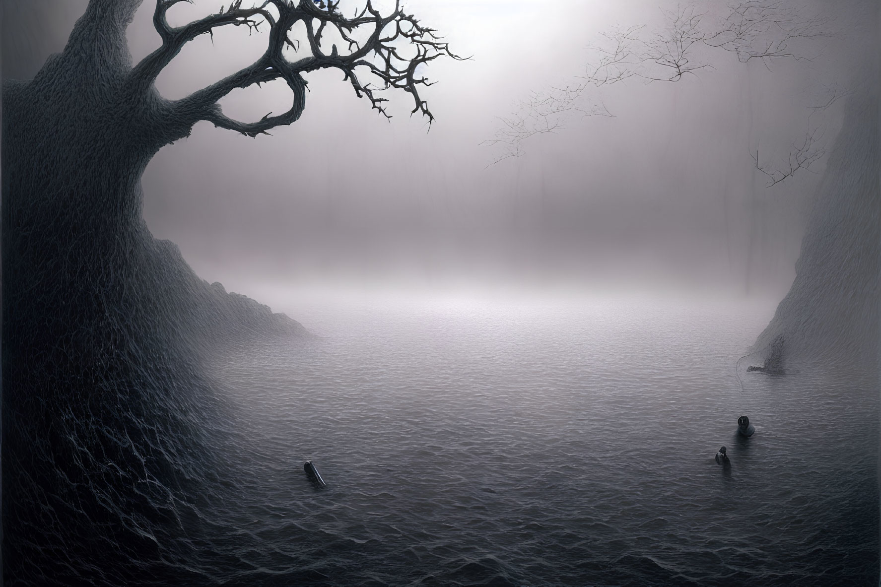 Misty landscape with bare tree, foggy water, and eerie silhouettes