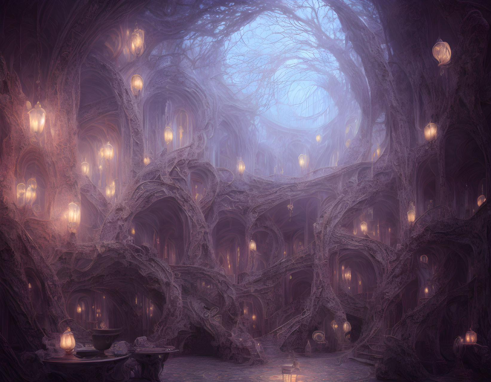 Mysterious cavern with glowing lanterns and tree-like structures