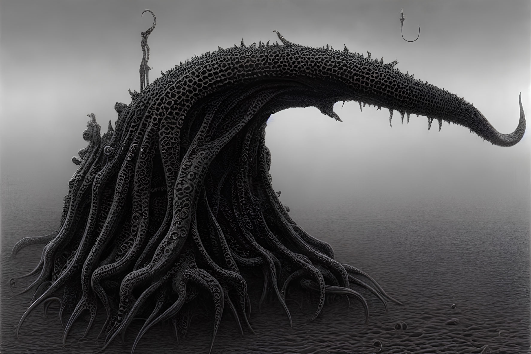 Monochrome creature with tentacles and horn in foggy landscape