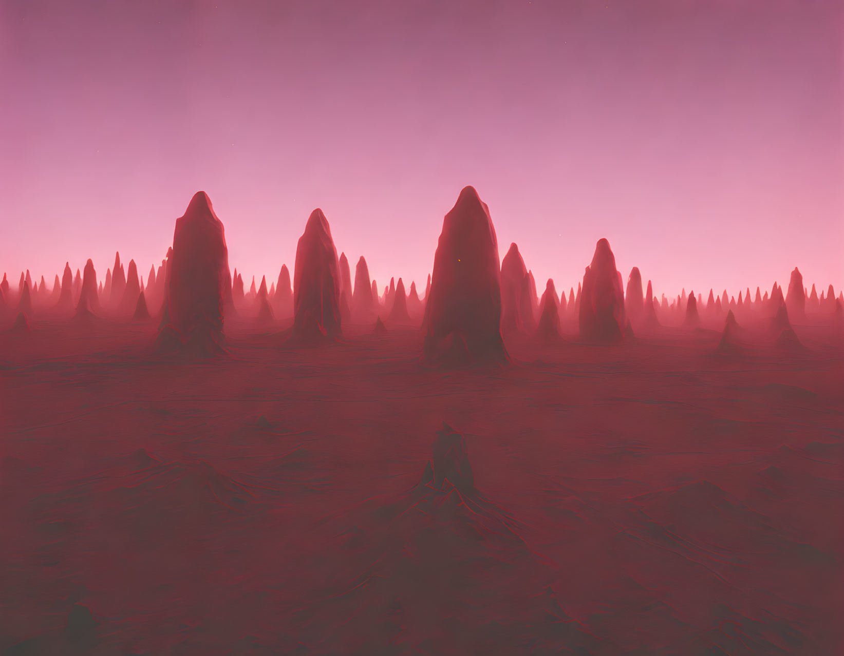 Surreal Martian landscape with spiky rock formations under pinkish-red sky