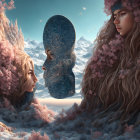 Ethereal women with snowflake hair in frosty mountain scene