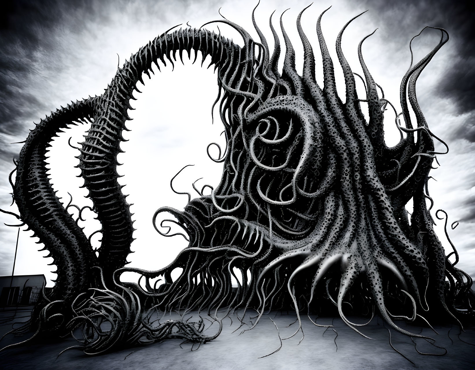 Monochromatic surreal artwork: monstrous tentacled entity with fanged mouths.