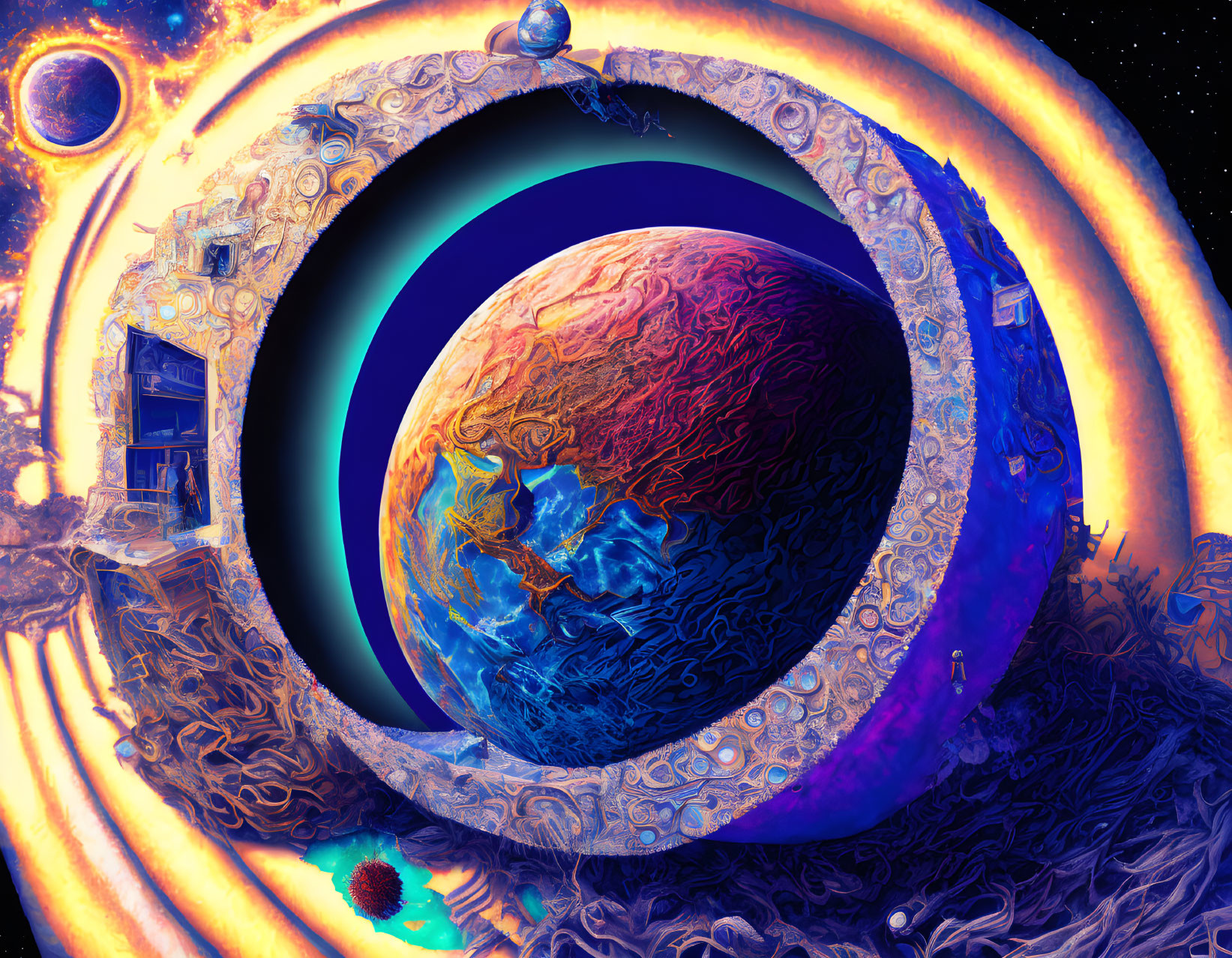 Colorful surreal artwork: otherworldly structure framing swirling planet