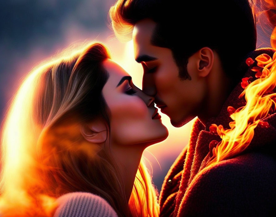 Romantic couple digital artwork with warm, glowing light