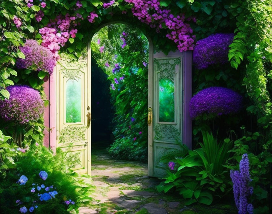 Intricate Garden Gate Surrounded by Greenery and Purple Flowers