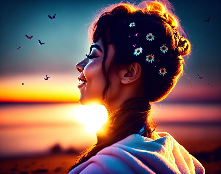 Woman with flowers in hair at vibrant sunset by sea with flying birds