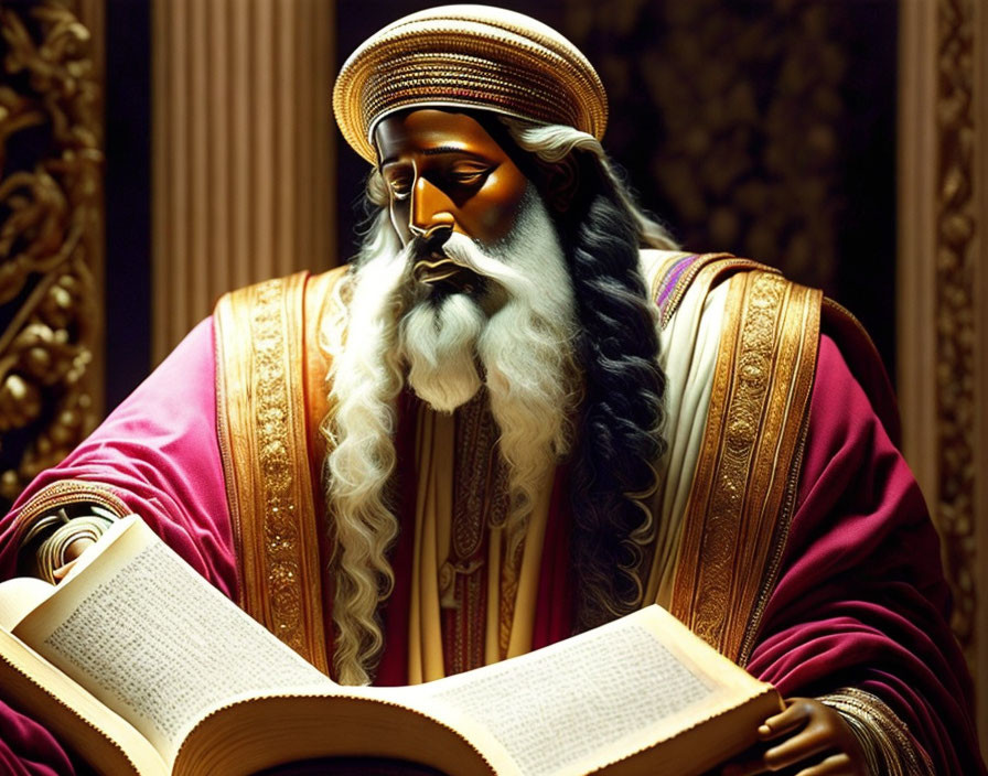 Regal figure in opulent purple and gold robes reading ancient book