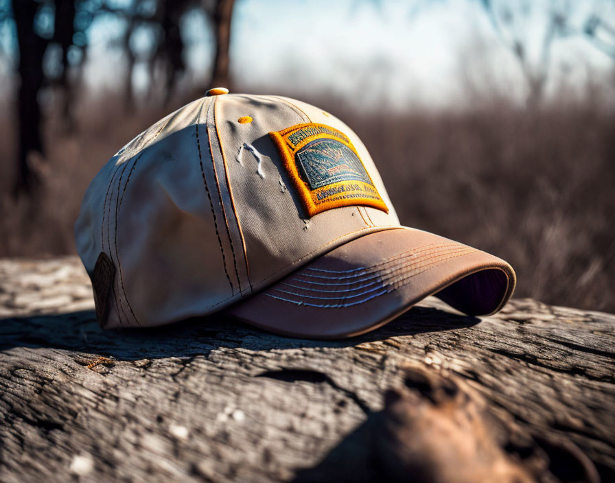 Beige baseball cap with logo patch on rustic wooden surface