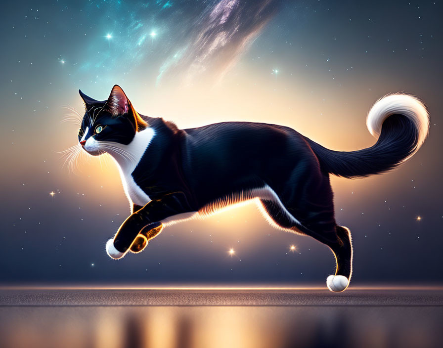 Majestic black and white cat against cosmic starry background