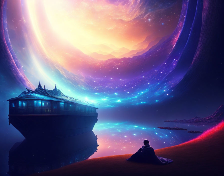 Person observing surreal ship under vibrant cosmic sky