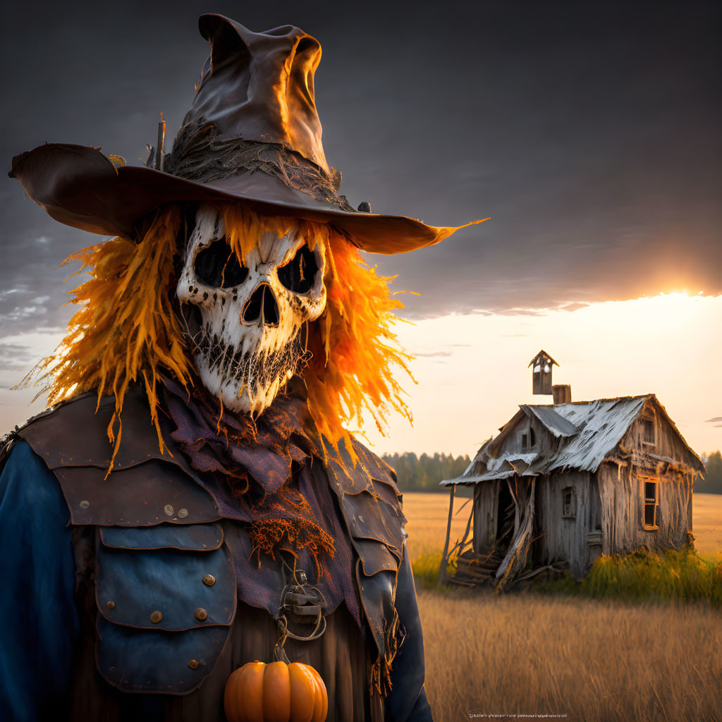 Spooky scarecrow with pumpkin head in field at sunset