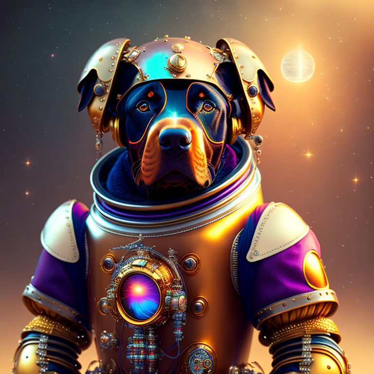 Digital Artwork: Dog in Astronaut Suit with Sci-Fi Elements and Cosmic Background