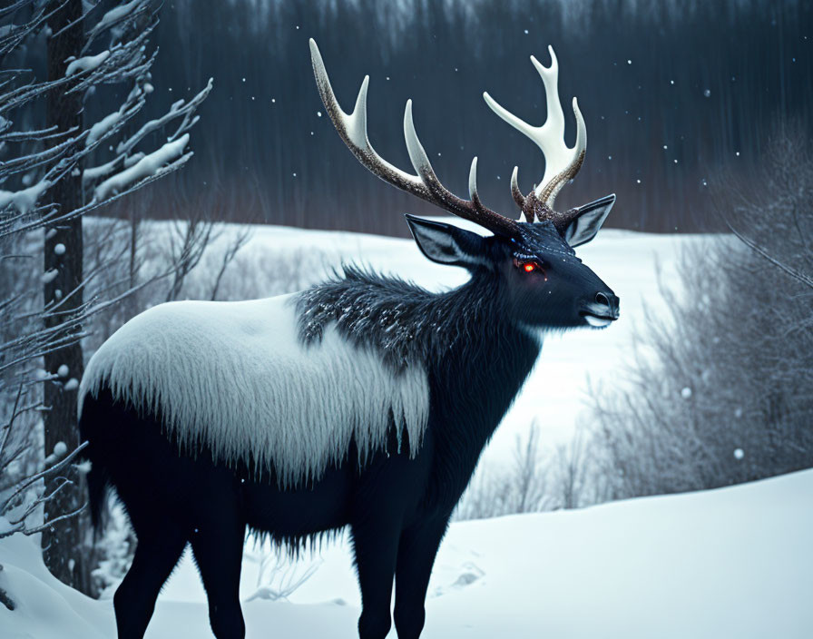 Mystic black stag with glowing red eyes in snowy landscape