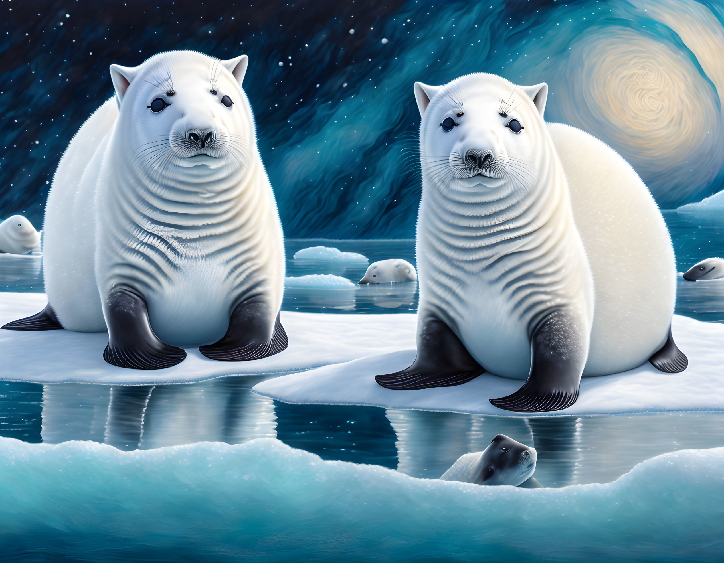 Stylized seals with human-like faces on ice floes under starry night sky