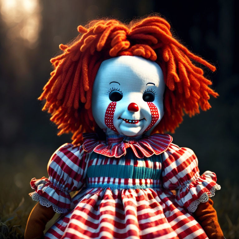 Close-up of clown doll with red hair, striped dress, and big bow tie in golden hour field