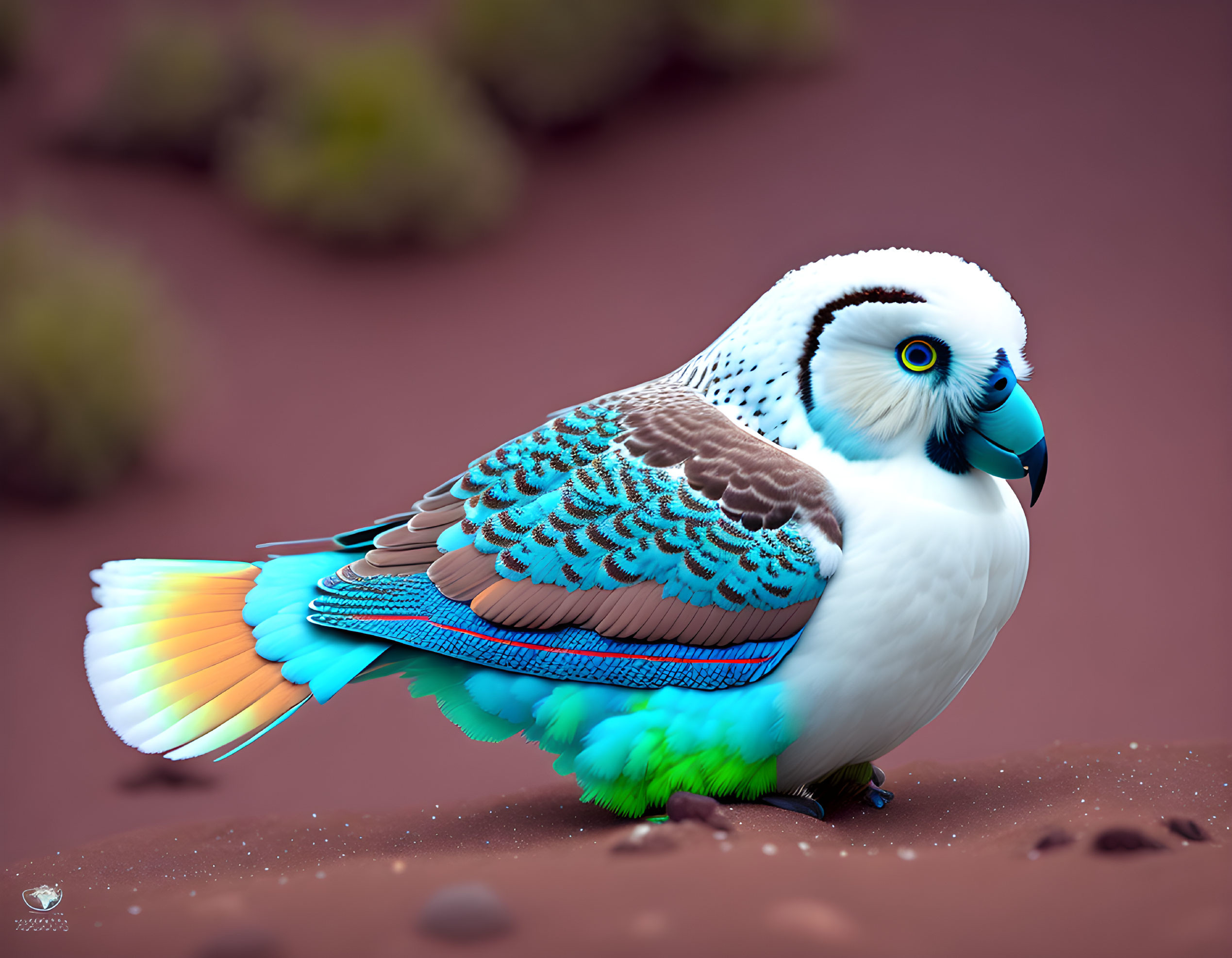 Vibrant budgie digital art with exaggerated features on soft-focus background