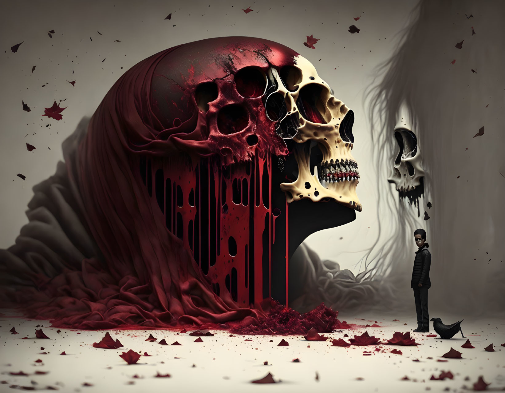 Surreal Artwork: Giant Melting Skull with Multiple Face Cavities