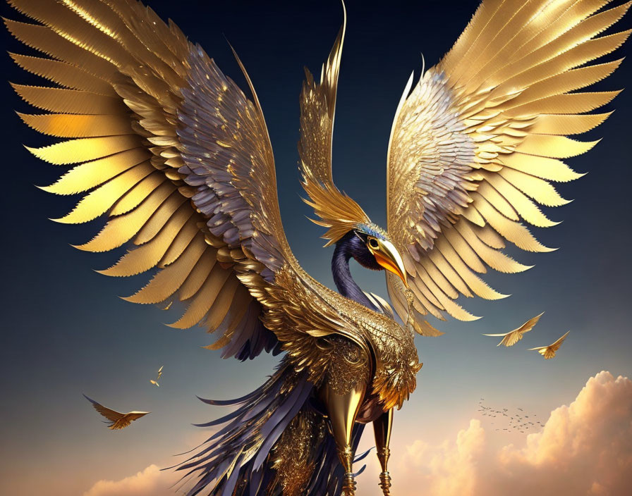 Golden plumage majestic bird soaring in cloudy sky