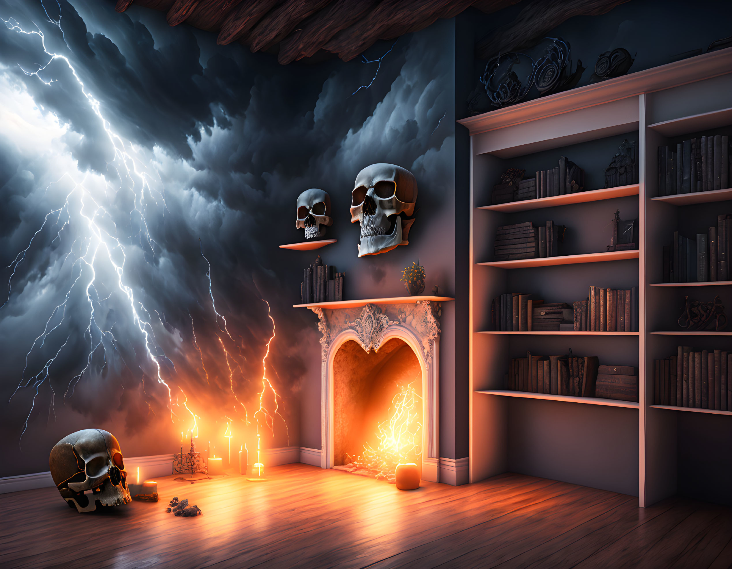 Dark and eerie room with fireplace, candles, skulls, books, under stormy sky