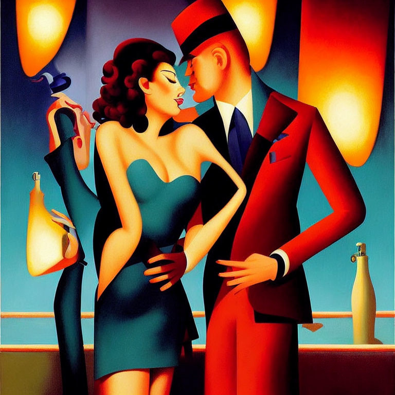 Stylized painting of man and woman dancing with bottle and balloons