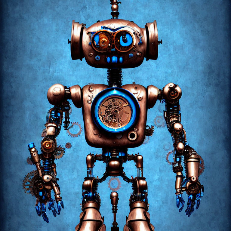 Intricate Steampunk Robot with Gears on Blue Background