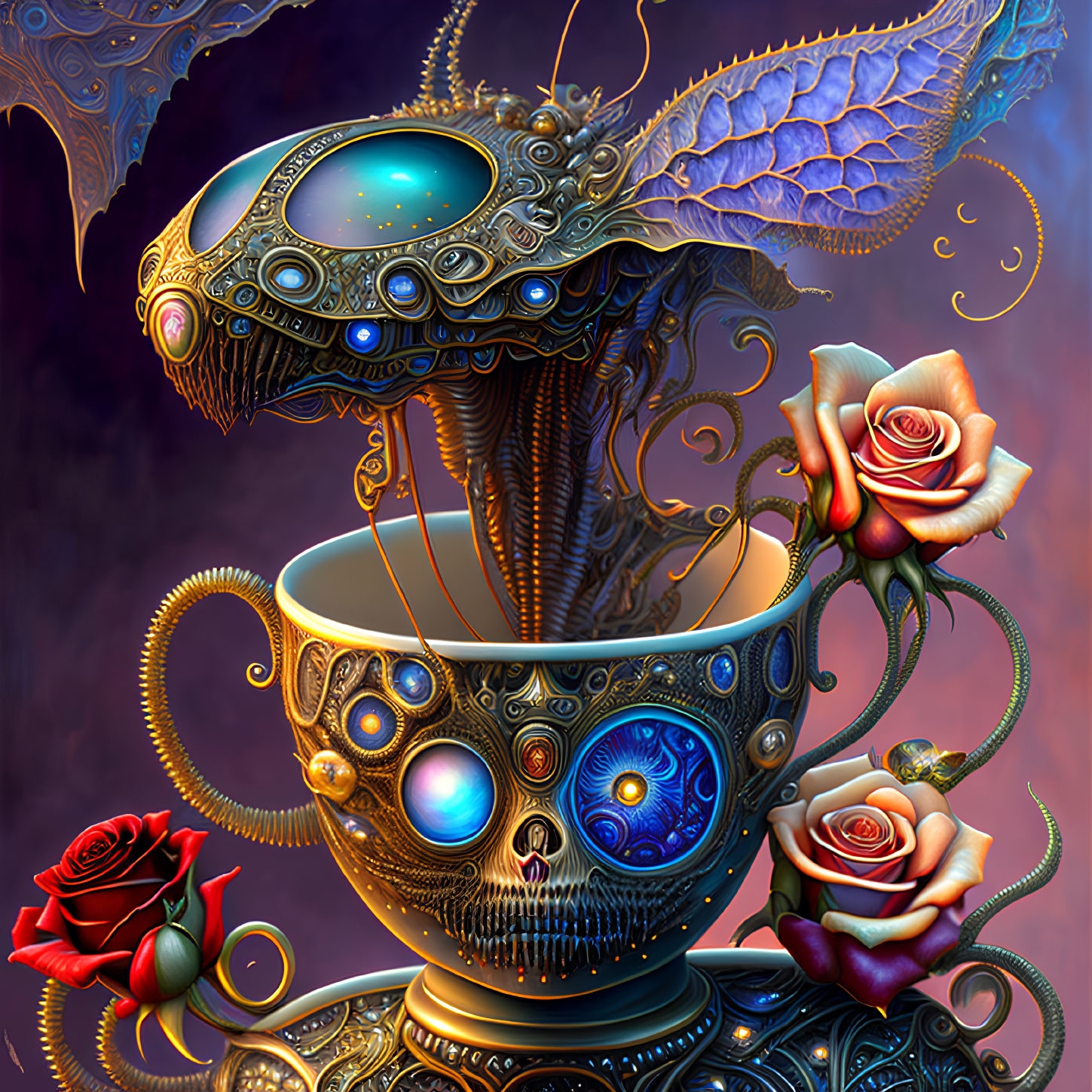 Ornate surreal teacup with red roses and mechanical elements on purple background