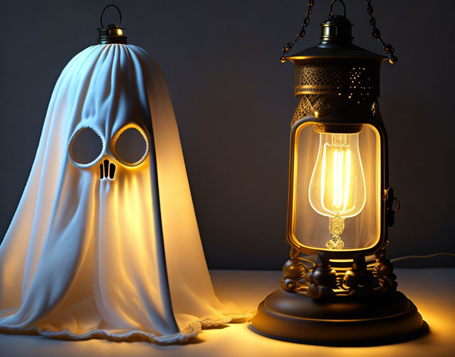 Ghost Figure with Cut-Out Eyes Beside Vintage Lantern