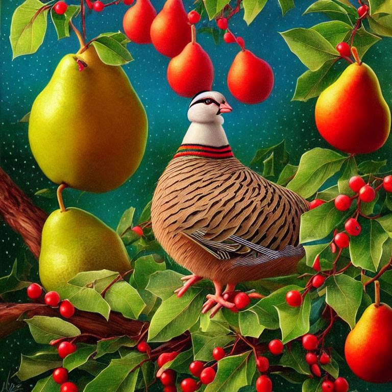 Realistic plump partridge on branch with berries and pears under starry night sky.