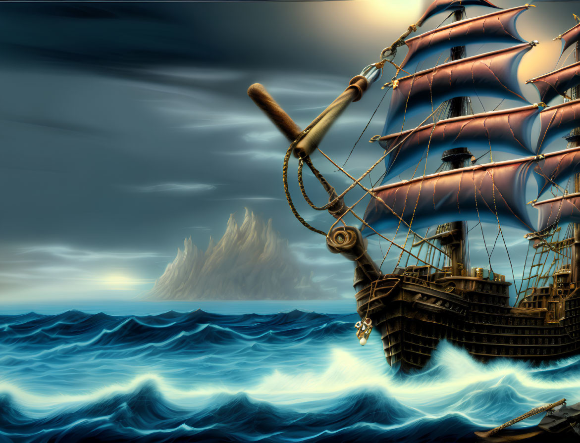 Digital artwork of old sailing ship in turbulent ocean with dramatic sky