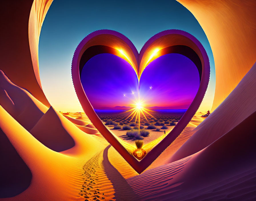 Heart-shaped desert sunset digital art: romantic and surreal vibes