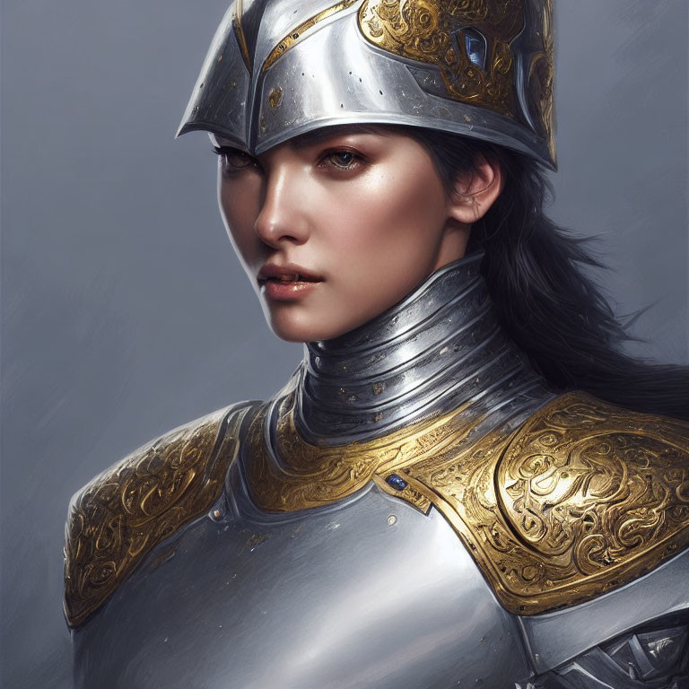 Detailed Silver and Gold Armor Portrait of Woman in Polished Helmet