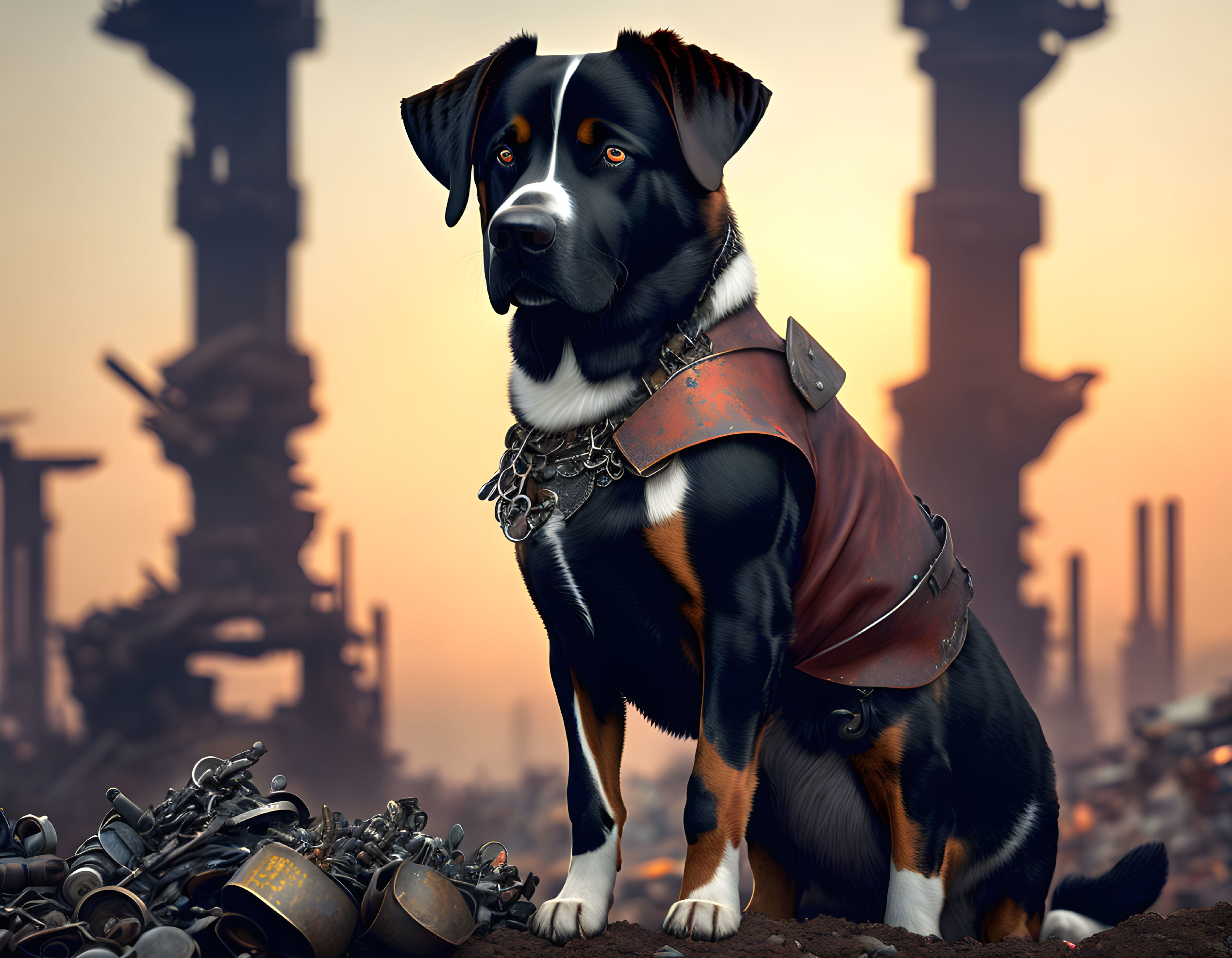 Majestic black and brown dog in chain collar and armor vest against dystopian backdrop