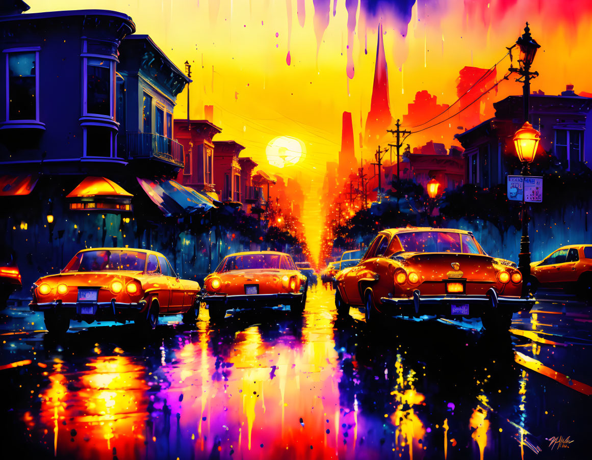 Neon-lit city street at sunset with vintage cars and reflections